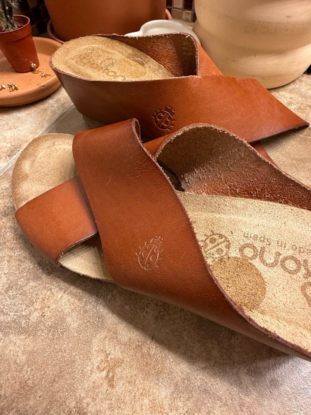 Yokono Spanish Leather Women's Crossover Leather Slide Sandals - Cognac Brown - Picture 4 of 5
